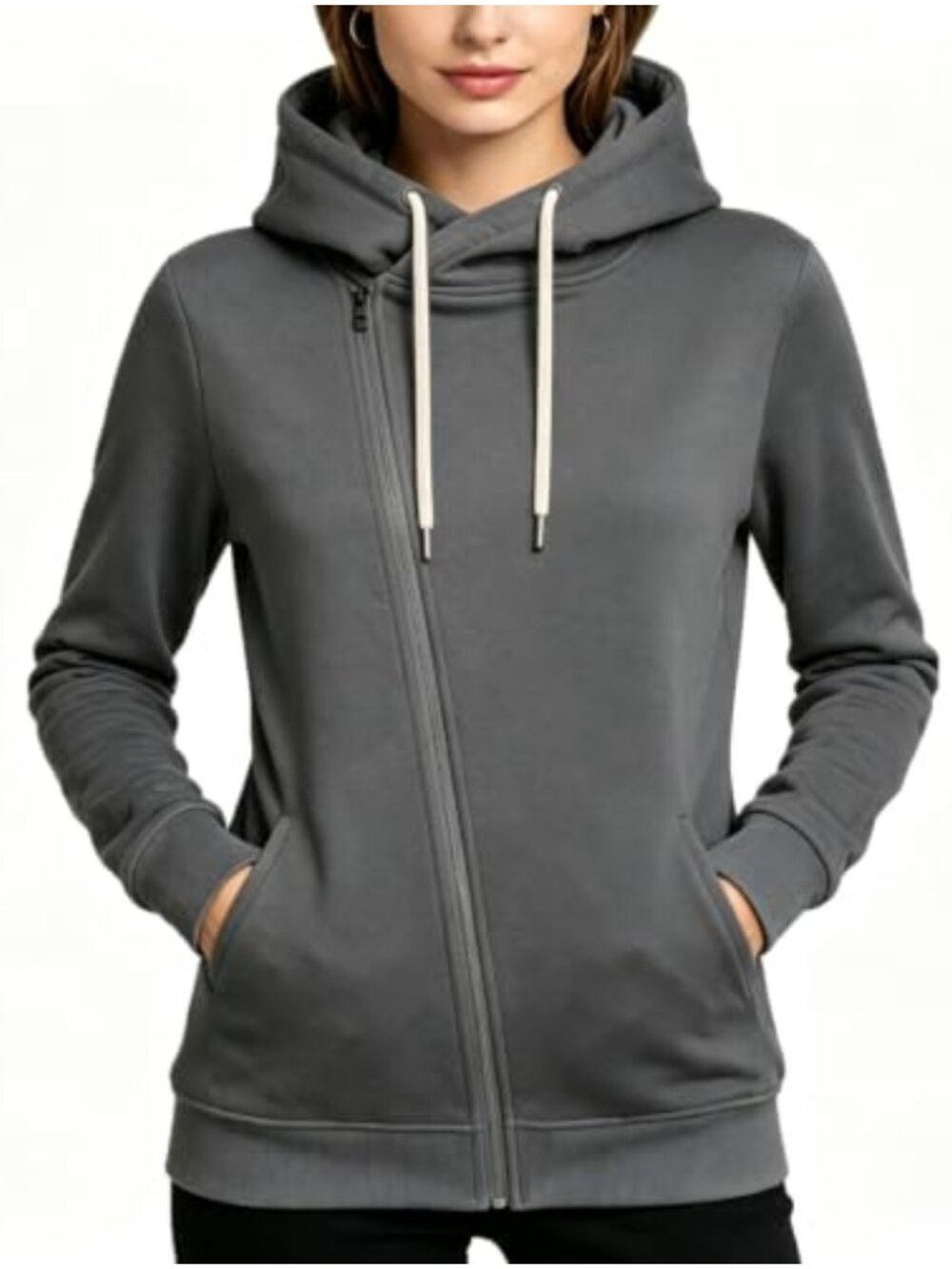 Women's Oblique Zip Hoodie Cotton Blend Slim Fit Long Sleeve Casual